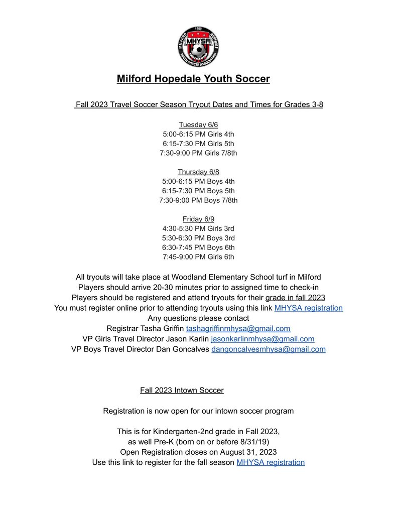 Milford Hopedale Youth Soccer  Fall 2023 Travel Soccer Season Tryout Dates and Times for Grades 3-8